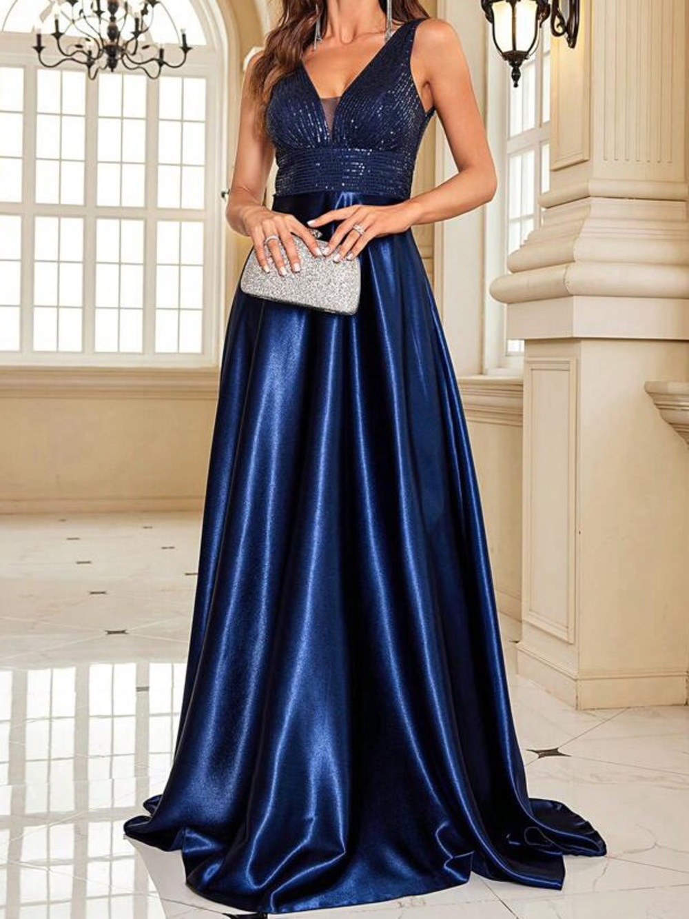 XUIBOL Navy Sequin Satin Formal Gown Maxi Dress NWT Size Medium